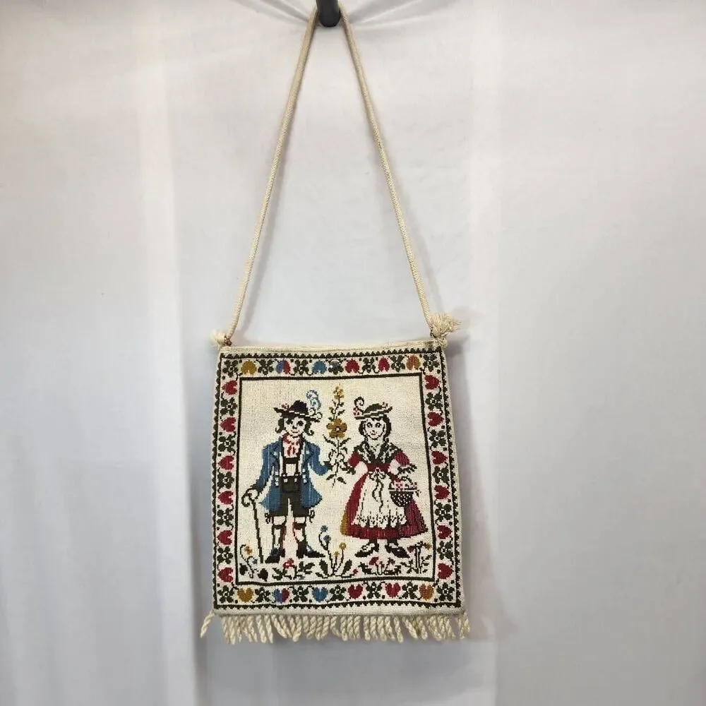 Vintage Tapestry Shoulder Bag – Folk Art Embroidered Purse with Fringe & Rope St